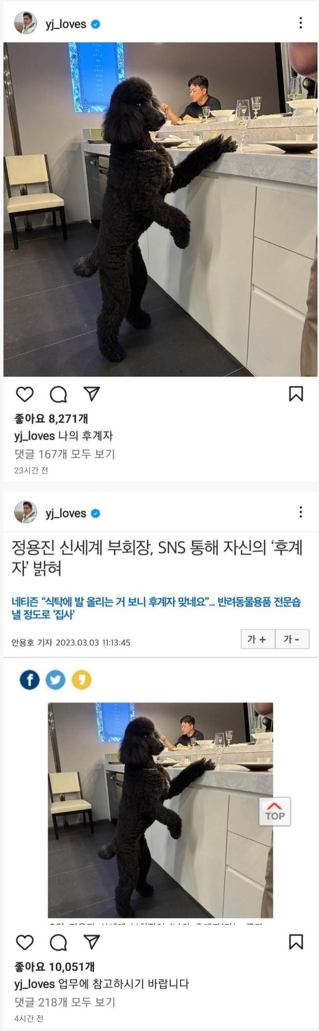 인스타에 후계자 밝힌 신세계 정용진